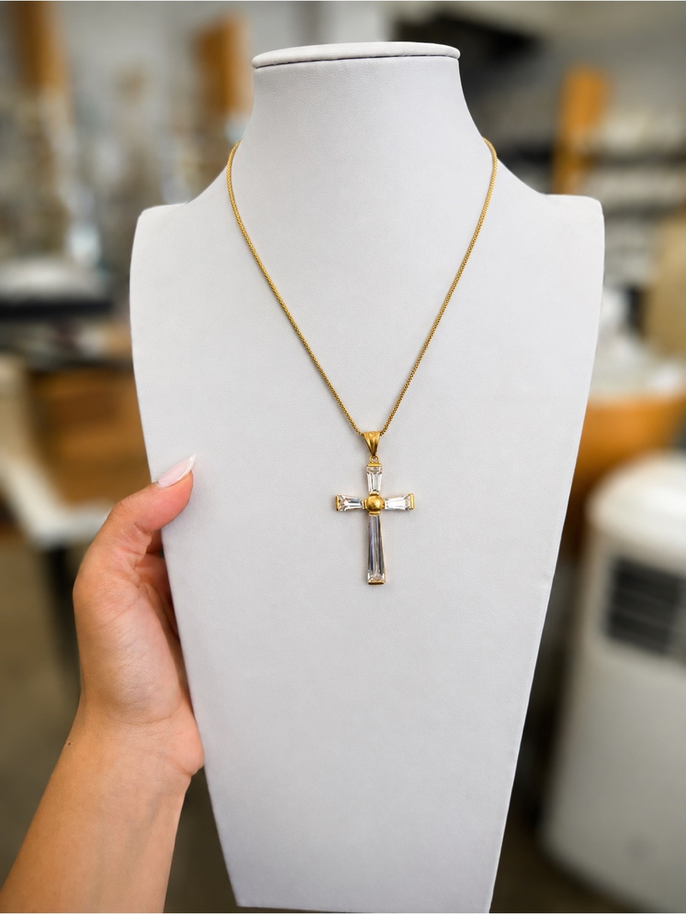 Gold-Plated Sterling Silver Baguette Crystal Cross Necklace